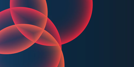 Dark Background, Header or Banner Design with Large Red and Orange Overlaying Globes, Bubbles Pattern - Multi Purpose Creative Wide Scale Template for Web with Copyspace in Editable Vector Formatのイラスト素材