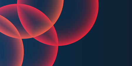 Dark Background, Header or Banner Design with Large Red and Orange Overlaying Globes, Bubbles Pattern - Multi Purpose Creative Wide Scale Template for Web with Copyspace in Editable Vector Formatのイラスト素材