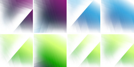 Eight abstract backgrounds with blurred light patterns and contrasts of shadowy and brightly lit geometric shapes. The soft colors and smooth transitions create a modern, dynamic and versatile design.のイラスト素材