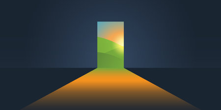 A doorway that opens to a vibrant landscape bathed in warm sunlight. The contrast between the shadowy interior and the bright outdoors evokes a sense of hope, possibility, and new beginnings.のイラスト素材