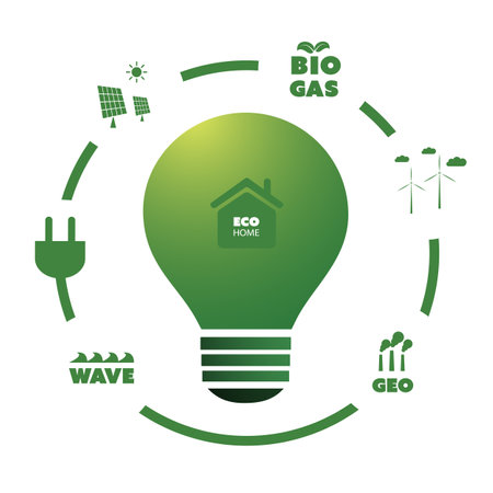 Sustainable Resources, Renewable, Reusable Green Energy Concept with Bright Glowing Lightbulb and Symbols of Various Alternative Power Generation Methods Around. Smart Home Design, Vector Illustrationのイラスト素材