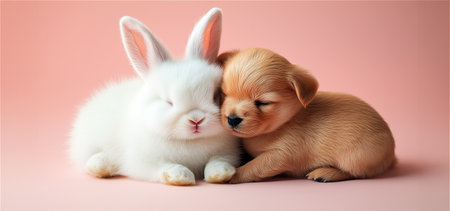 A heartwarming image of a fluffy brown bunny and a light-colored puppy snuggled up together, peacefully sleeping. Soft pink background. A perfect cozy and cute scene. Easter and pet-themed design.の素材