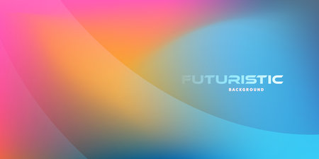 A futuristic background with a vibrant gradient of purple, orange, blue tones. Transparent, curved shapes add depth, creating a modern and dynamic design with clean lines and a contemporary aesthetic.のイラスト素材