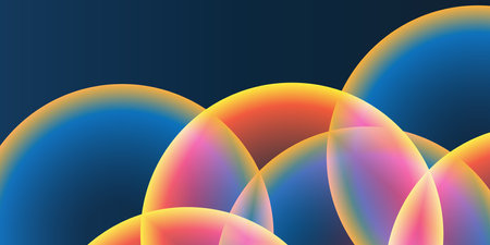 Abstract Background, Header or Banner Design with Large Red, Orange, Yellow and Blue Overlaying Globes, Bubbles Pattern - Multi Purpose Creative Wide Scale Template for Web in Editable Vector Formatのイラスト素材