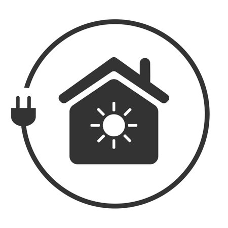 Fight Against Climate Change, Use Renewable Energy at Home -  Concept Design with Electric Cord and Sun Inside a House Symbol on White Background - Creative Vector Illustration, Clip-Art Templateのイラスト素材