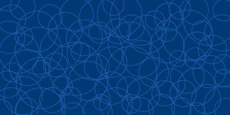 A blue abstract background showcases interconnected circles, forming a dynamic geometric pattern. The repeating shapes and uniform color create a visually appealing and versatile design.のイラスト素材