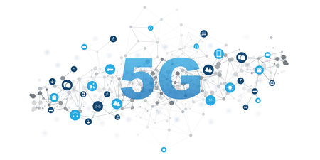An illustration of 5G wireless network technology and Internet of Things (IoT), featuring a global...