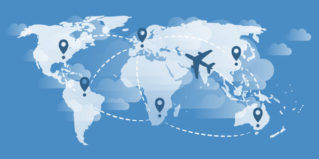 Traveling Around the World - Air Transportation Concept, Travel by Airplane - World Map Design with Planes Flying Intercontinental Routes to Various Destinations - Vector Template on Blue Backgroundのイラスト素材