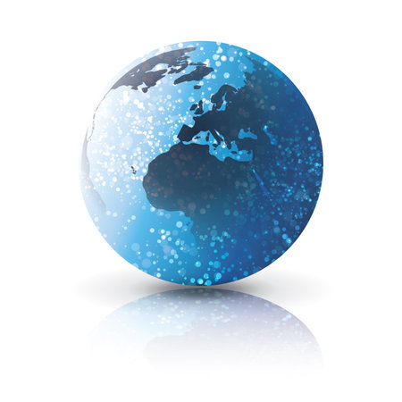 A stylized globe vector with glowing white dots and a subtle blue gradient on a white background. The Earth map design suggests global connectivity, data exchange, and digital communication.のイラスト素材
