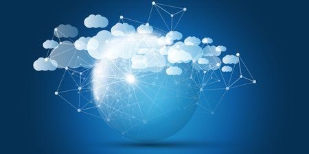 Dark Blue and White Cloud Computing Design Concept with Transparent Globe and Many Floating Clouds  - Digital 3D Polygonal Network Connections, Technology Background, Minimalist Vector Design Templateのイラスト素材