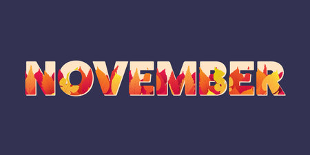 Dark November Typography or Banner Design, Template with Colorful Leaves. Colors:  Red, Orange, Brown - Vector Template Design Isolated on Dark Background - Design Element for Calendar or Webのイラスト素材