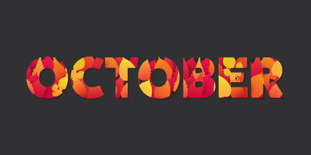 Decorative October Typography or Banner Design, Template with Colorful Leaves. Colors: Red, Orange, Brown - Vector Template Design on a Dark Background - Design Element for Calendar or Webのイラスト素材