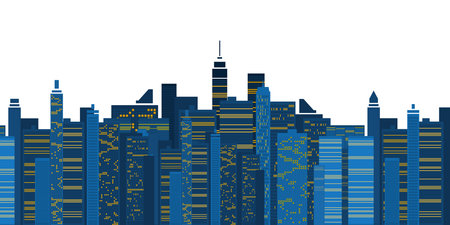 Illustration of a vibrant urban cityscape featuring tall skyscrapers and office buildings rendered in shades of blue. The stylized skyline depicts a dense metropolitan downtown area isolated on white.のイラスト素材
