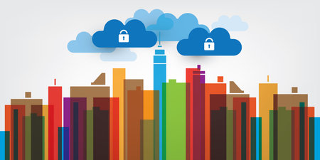 Colorful Smart City, Secure Cloud Computing Design Concept with  Cityscape, Tall Buildings, Skyscrapers  -  Technology, Data Protection, Cybersecurity and Digital Network Infrastructureのイラスト素材