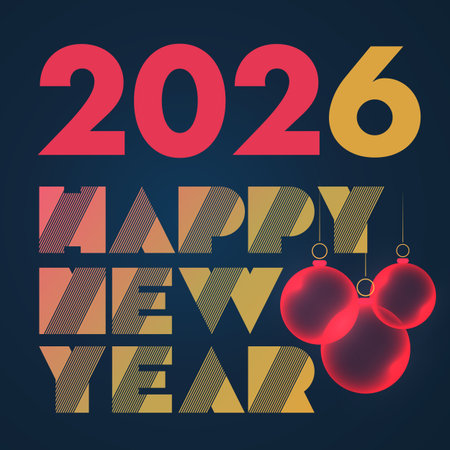 Elegant Retro Style Art-Deco Style'Happy New Year 2026 Greeting Card with Gold and Red Striped Text...