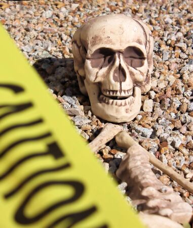 Skeleton in rocks surrounded by yellow caution tape.の写真素材