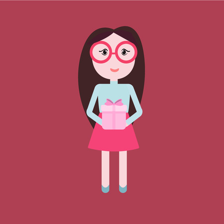 Cute woman holding ribbon bow wrapped gift box in front of her in arms. Flat style vector illustration isolated on red background.のイラスト素材