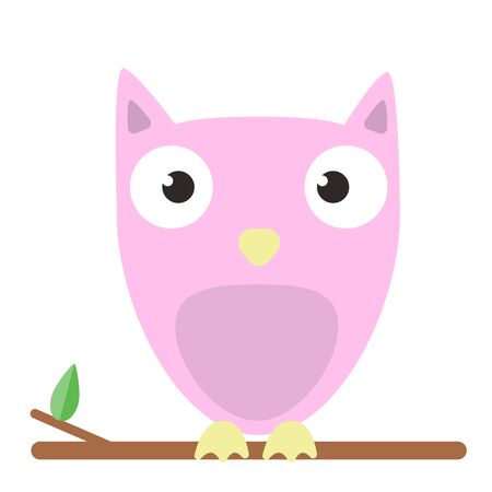 Vector image of a cute pink owl sitting on tree branch on white backgroundのイラスト素材
