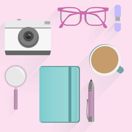 Office desk table with photo camera, glasses, flash drive, pen, notebooks, magnifying glass, and coffee cup flat design. Top view pink background. Eps10 vector template.のイラスト素材