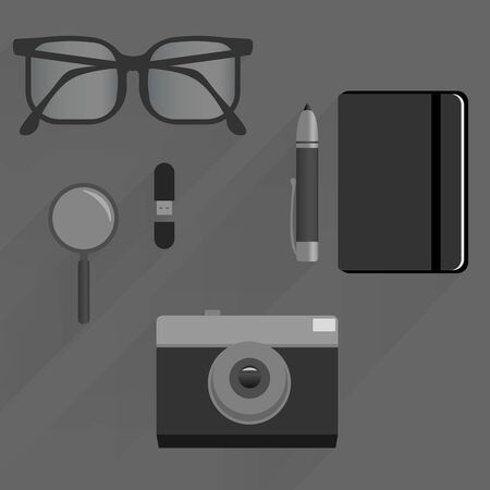 Top view of office desk table with glasses, pen, flash drive, camera, magnifying glass, notebook with flat shadows. Eps10 vector template.のイラスト素材