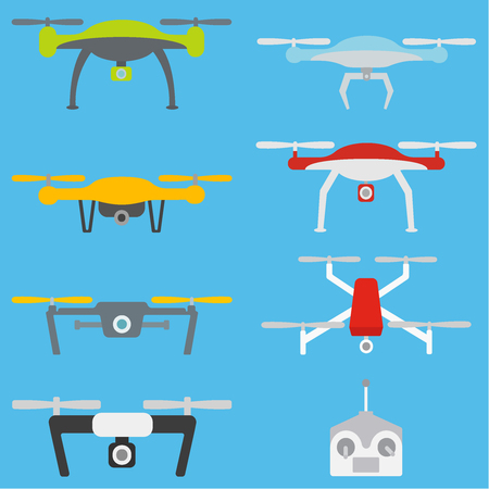 Set of quadcopter aerial drones with different functions surveillance, delivery, medical, military. Flat vector illustration EPS10のイラスト素材