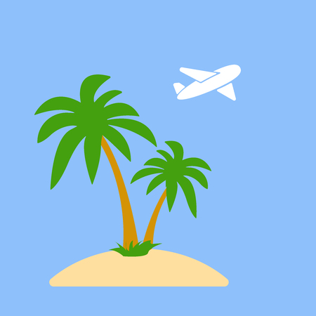 Stylized icon palm trees on an island in the ocean and a flying plane on background. Illustration flat icon eps10.のイラスト素材