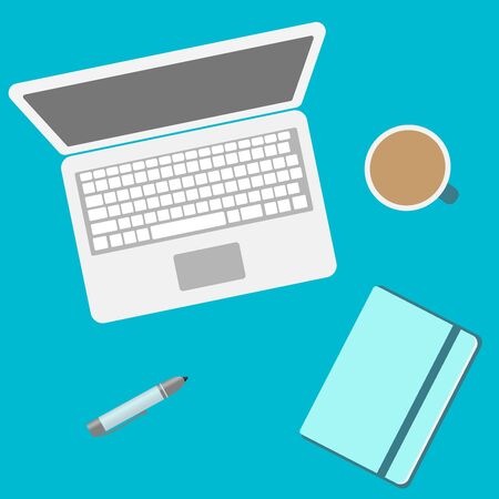 Laptop and notebook and office supplies top view. Vector flat icon with notebook, pc, pen, and a cup of hot coffee. illustration flat EPS10のイラスト素材