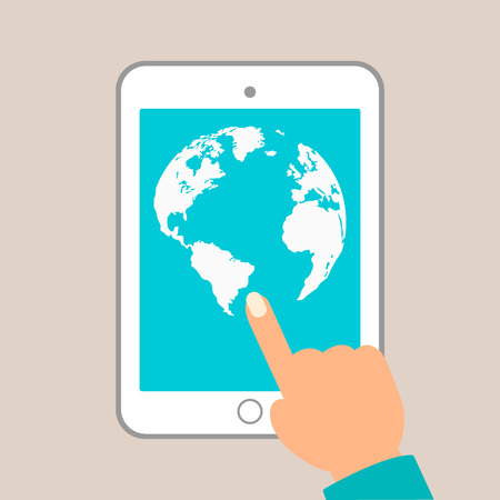 World map in dots. tablet in hands vector illustration eps10のイラスト素材