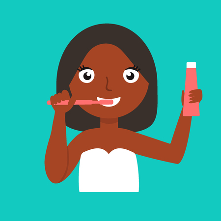 Young African-american woman brushing teeth. Smiling woman cleaning teeth.のイラスト素材