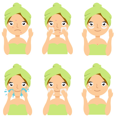 Beautiful girl cleaning and care her face with various actions. Vector illustration set isolated on white background. EPS10のイラスト素材