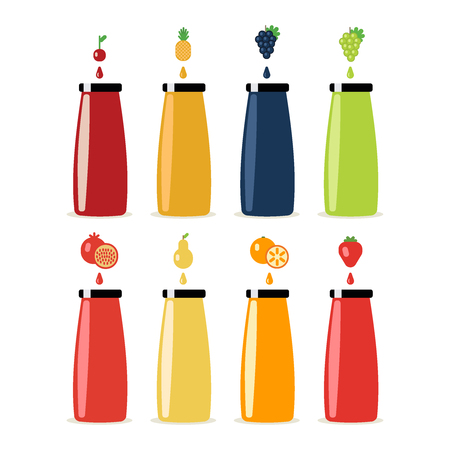 Shelves with juices in different packaging glass bottles, canister in the supermarket. Illustration.のイラスト素材
