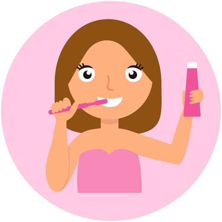 Attractive woman brushing her teeth. Vector flat illustration eps10のイラスト素材