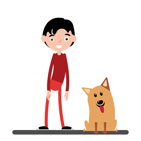 Teenage boy standing with his dogのイラスト素材