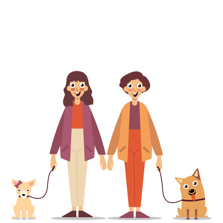 Couple in love, walking their pets. Happy people walking their pets. Young guy and girl walking with dogs, Colorful flat vector illustrationのイラスト素材