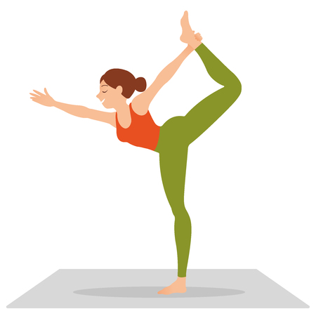 Young indonesian woman meditating, doing yoga pose and asana. Fitness girl enjoying yoga indoors in sport clothes, working out in gym class. Health and healing concept. Flat icon eps10 illustration vector artのイラスト素材