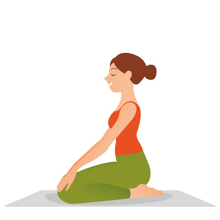 Serene girl practicing yoga, Sitting on pillow in Virasana, Hero Pose, asana for legs, meditation, pranayama, breathing, relieving stress, copy space. Concept sport, yoga, health. Vector flat icon logo illustration eps10のイラスト素材