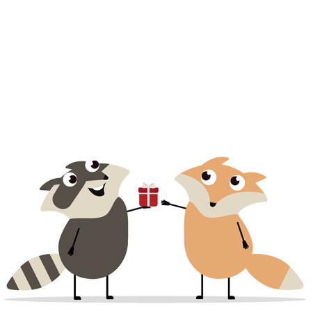 Happy birthday Greeting card funny raccoon girl gives gift to boy fox for birthday. Exchange of gifts. Concept gift, zoo, care, animals, surprise, holiday, fete, rejoicing. Vector illustration eps10 icon logoのイラスト素材