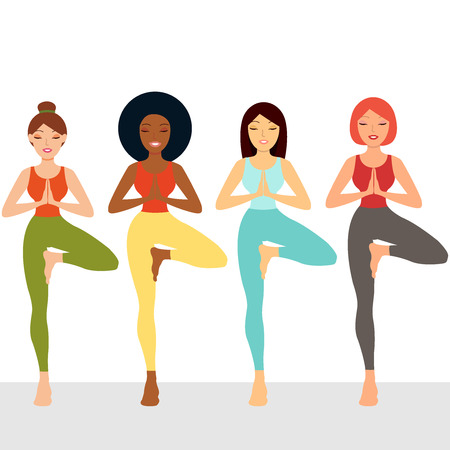 Attractive girls stand on white background. Group of people doing yoga. Multi ethnic women set. Woman standing in a yoga pose, yoga teacher, concept sport, club, gym, school, health, hobi, beauty. Vector icon illustration eps10 logoのイラスト素材