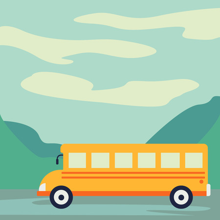 School bus paper art style driving on the road with beautiful background. Back to school vector concept illustration. Riding on yellow bus. Colorful background, concept poster excursion or trip. Vector flat illustration eps10のイラスト素材