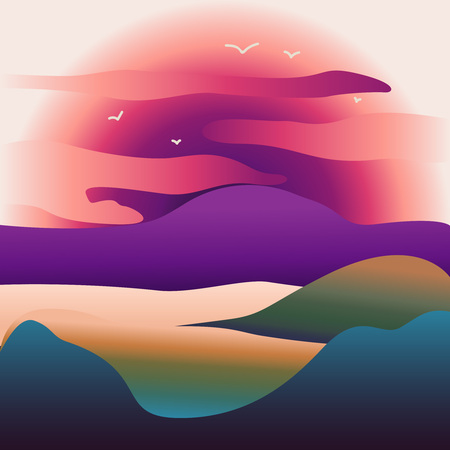 Vector illustration of mountain landscape with forest and flying birds under cloudy sky with dawn Abstract image of a sunset or dawn sun over the mountains at the background and river or lake at the foreground. Mountain landscape. eps10のイラスト素材