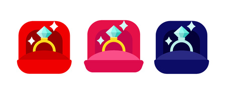 Engagement Diamond Golden Rings in Red, Pink, and Blue Ring Boxes Set. Concept logo, shop, sale. Illustration vector iconのイラスト素材