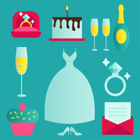 Traditional wedding icons set with engaged couple and bridal party accessories abstract isolated vector illustration vector flat icon eps10のイラスト素材
