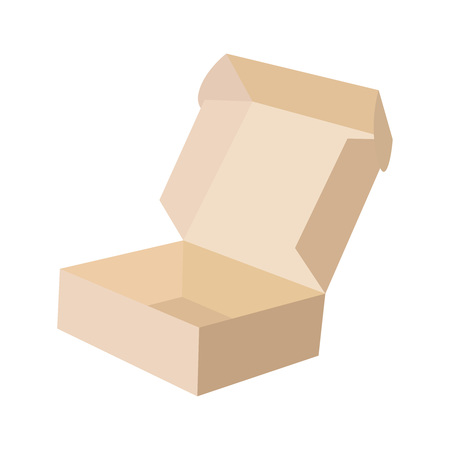 Open box with lid isolated on white background. Vector illustration Close-up single carton box open empty isolated on white background, brown parcel cardboard box for packages delivery. Vector icon flat eps10のイラスト素材