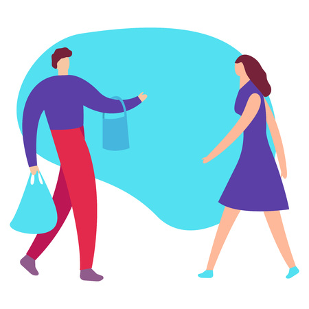 Big sale and Shopping concept. The Flat vector illustration for a banner. The man and woman go shopping. Couple of young people shopping. Man and woman with packages. Vector illustration of a cartoon style. Icon flat eps10 concept shoppihgのイラスト素材