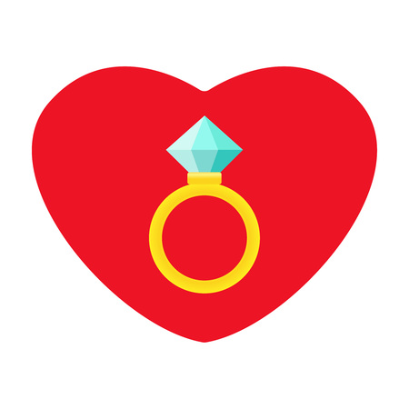 Wedding rings vector icon. Diamond engagement ring vector icon. Flat design. Ring on the background of the heart. Concept Wedding. Vector flat icon illustration eps10のイラスト素材