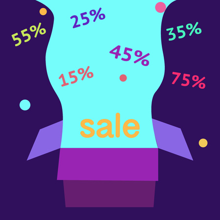 Open purple gift box and confetti. Sale Background. Creative box with waterfall ahd bubbles. Waterfall out of the box. Vector box with colorful floral design coming out. Illustration flat icon eps10のイラスト素材