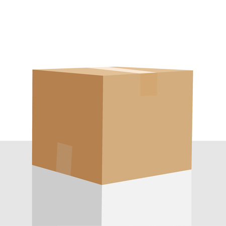 Closed cardboard box vector illustration isolated on white background. Empty closed box mockup, post container for goods delivery and storage, packaging design. Parcel with adhesive tape isometric icon vector isolated. Flat iconの写真素材