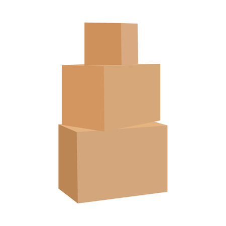 Cardboard boxes on a floor. Isolated on white background. Stock Image. Cardboard boxes stacks. Stacked set of packages. Graphic design element for flyer, poster, mail service, worldwide service advertisement.のイラスト素材