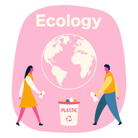 men and woman collect plastic bottles in the trash, waste recycling concept. People sorting garbage trying to reach zero waste. Technology of ecological waste free journey focusing on landfill trash. Renewable resource concept. Vector illustration on ultraviolet background. Boy and girl, throw plastic bottles in trash. Illustration eps10 flat banner cardのイラスト素材