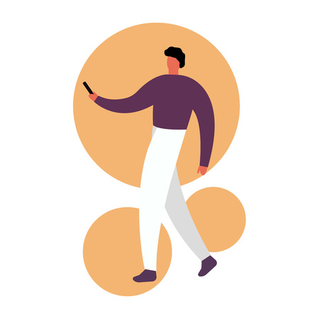Man is showing the phone. People and gadgets. Vector illustration in cartoon style. Man writes a message. Guy with a moble phone. Concept technology, gabgets, smartphones. Vector icon flat illustration eps10のイラスト素材